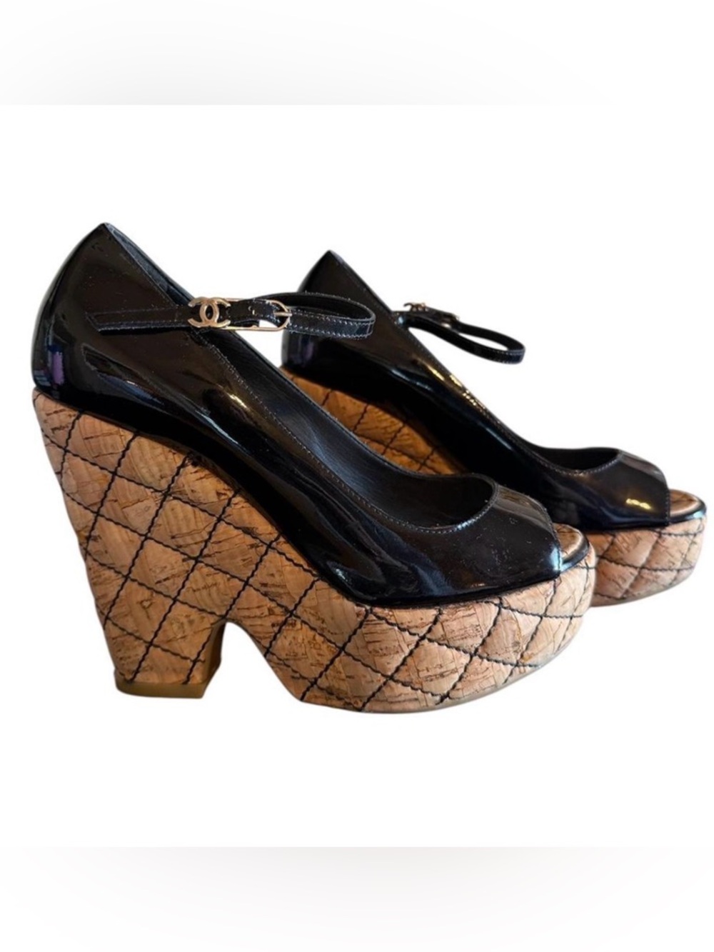 CHANEL Black Patent Leather Mary Jane Platform Pumps with Quilted Cork Wedge